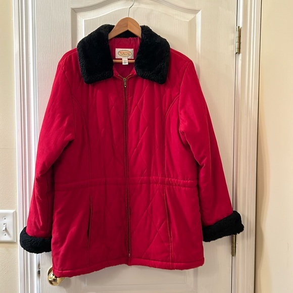 Talbots red jacket with black faux fur on collarr and cuff. - Picture 1 of 7